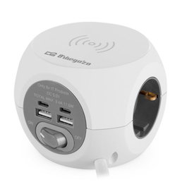 Orbegozo Regleta EN 4500 con carga inalámbrica, 3 tomas, 2 USB y 2 USB-C, Blanca y Gris